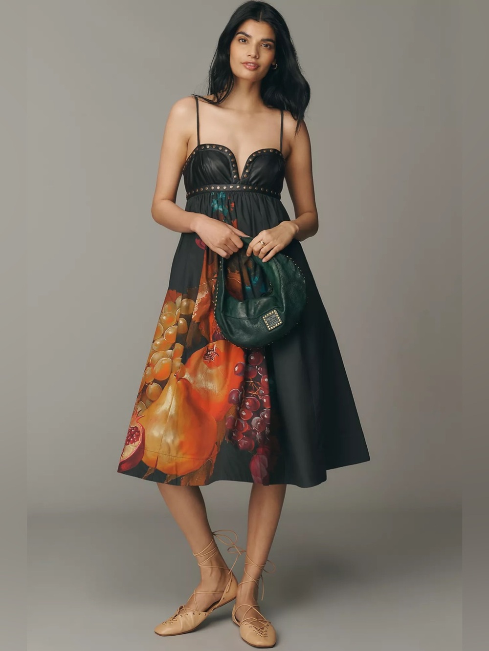 Anthropologie Black Midi Dress with Fruit Print and Studded Bust